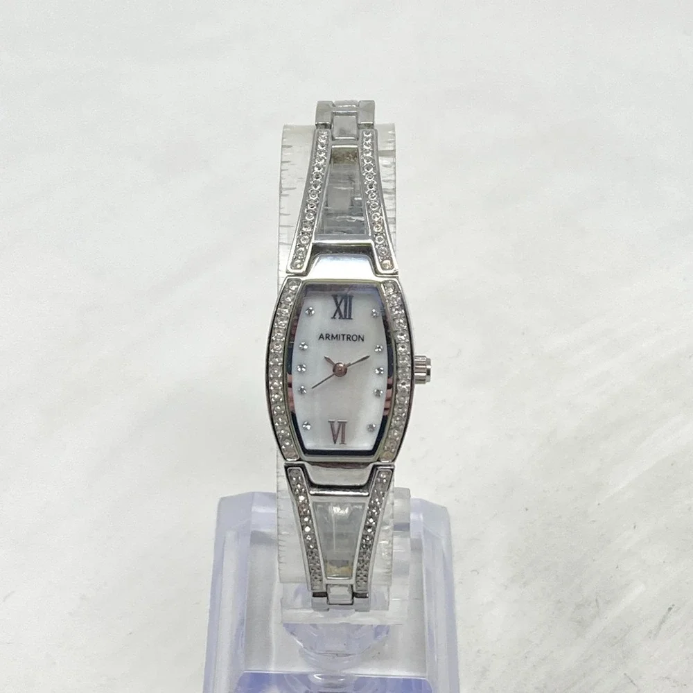 Armitron Watch Women 18mm Silver Tone Crystals Bling MOP Dial New Battery 6.5